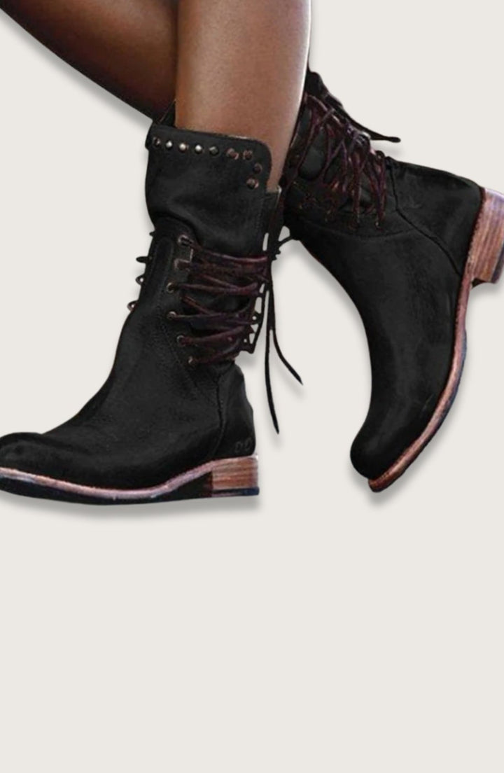 Women's Black Lace-Up Mid-Calf Studded Boots