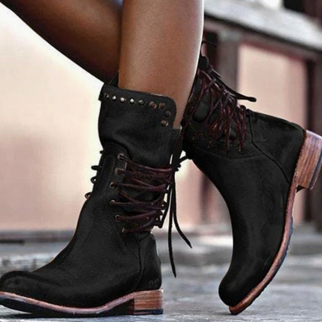 Women's Black Lace-Up Mid-Calf Studded Boots - Black