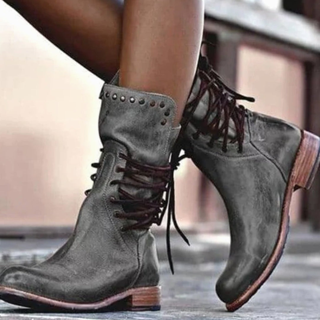 Women's Black Lace-Up Mid-Calf Studded Boots - Grey