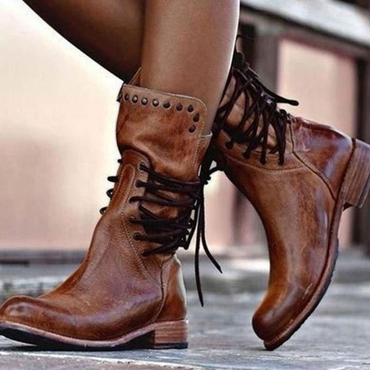 Women's Black Lace-Up Mid-Calf Studded Boots - Brown