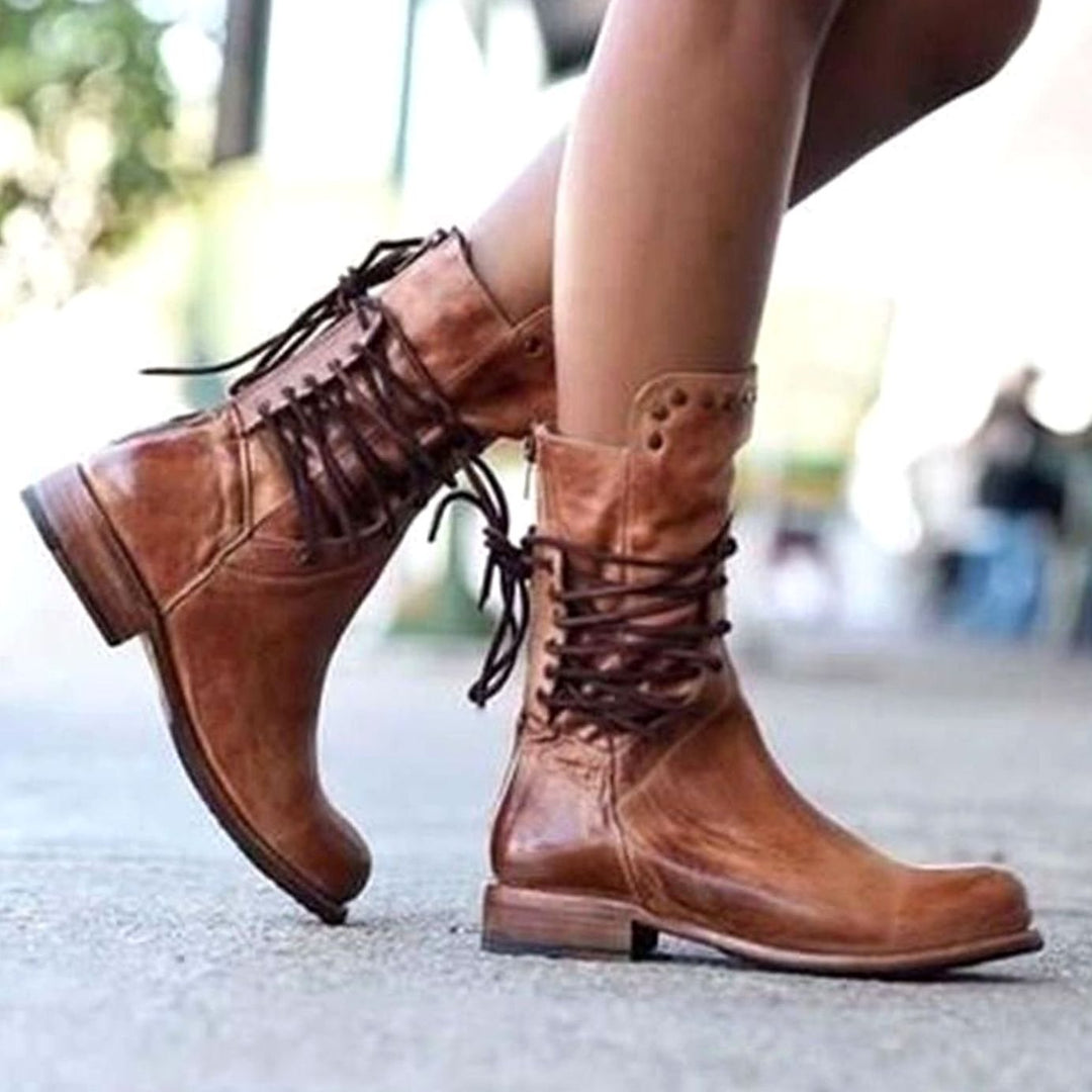 Women's Black Lace-Up Mid-Calf Studded Boots