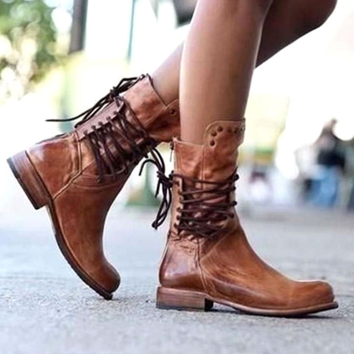 Women's Black Lace-Up Mid-Calf Studded Boots
