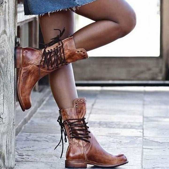 Women's Black Lace-Up Mid-Calf Studded Boots