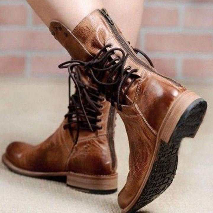 Women's Black Lace-Up Mid-Calf Studded Boots