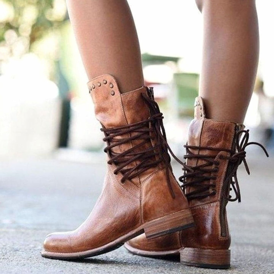 Women's Black Lace-Up Mid-Calf Studded Boots