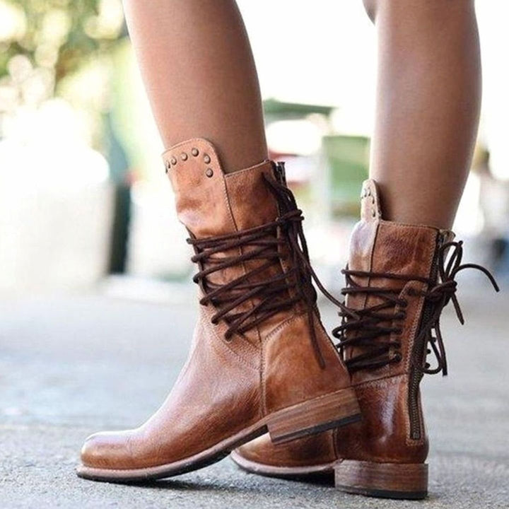 Women's Black Lace-Up Mid-Calf Studded Boots