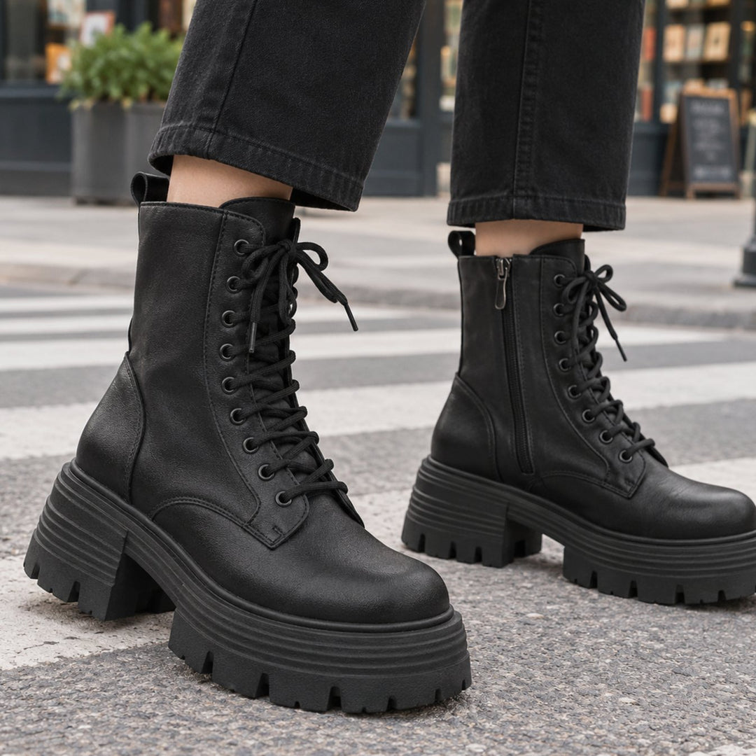 Women's Black Lace-Up Platform Combat Ankle Boots - Black