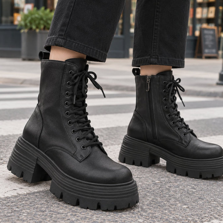 Women's Black Lace-Up Platform Combat Ankle Boots - Black