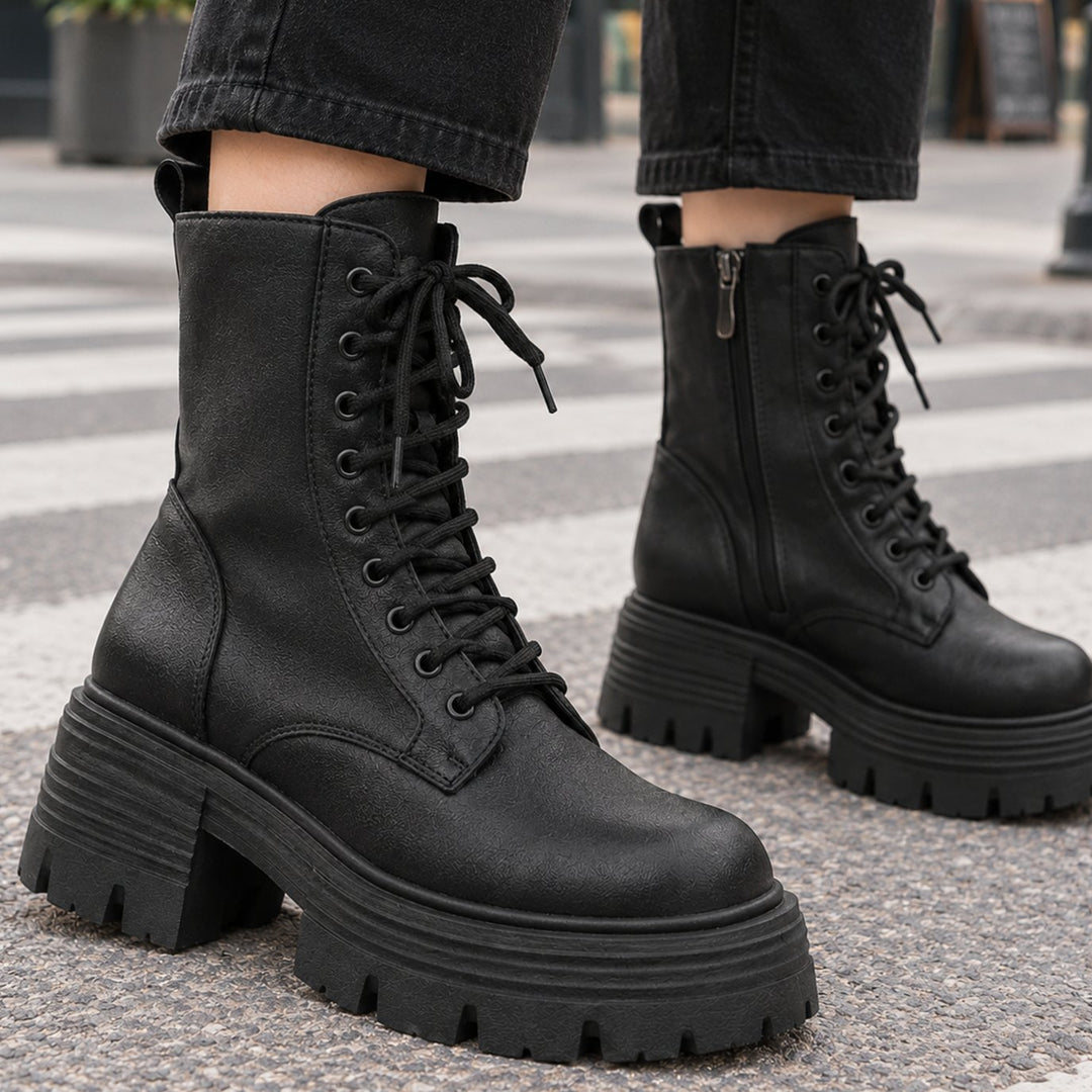 Women's Black Lace-Up Platform Combat Ankle Boots
