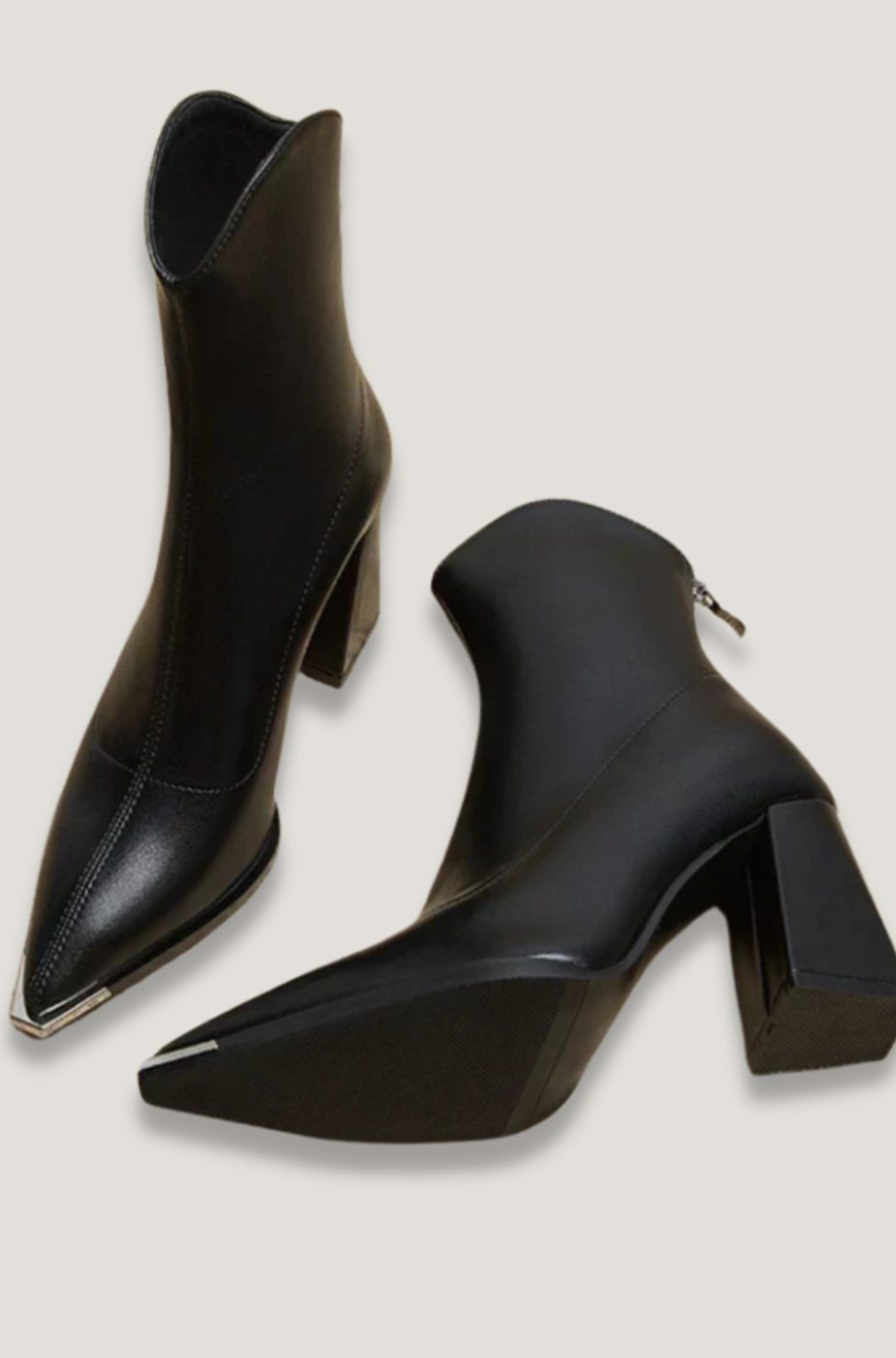 Women's Black Leather Block-Heel Chrome Tip Ankle Boots