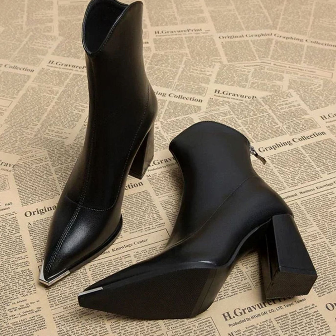 Women's Black Leather Block-Heel Chrome Tip Ankle Boots - Black