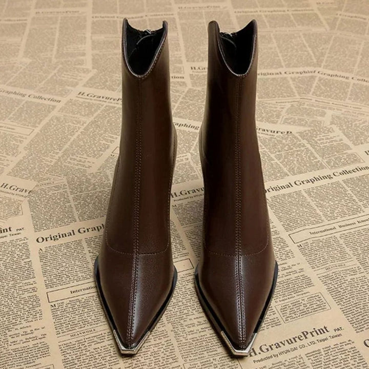 Women's Black Leather Block-Heel Chrome Tip Ankle Boots
