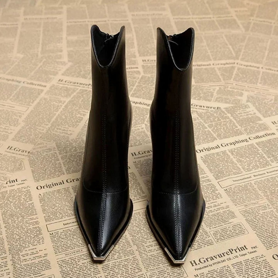 Women's Black Leather Block-Heel Chrome Tip Ankle Boots