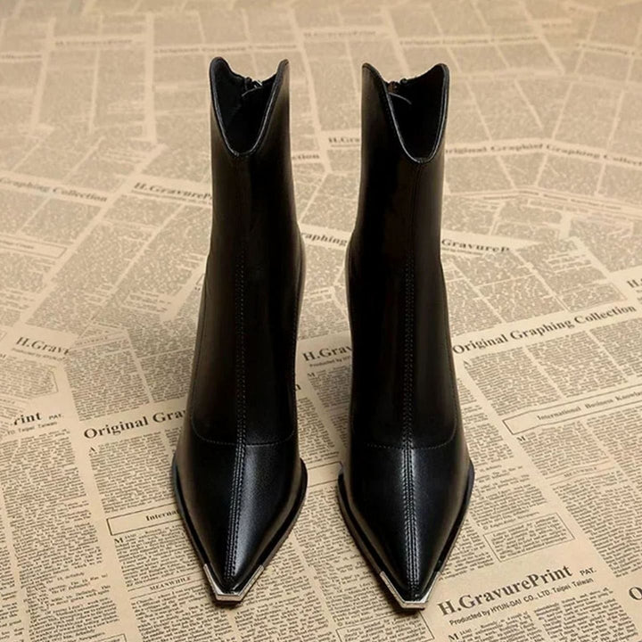 Women's Black Leather Block-Heel Chrome Tip Ankle Boots