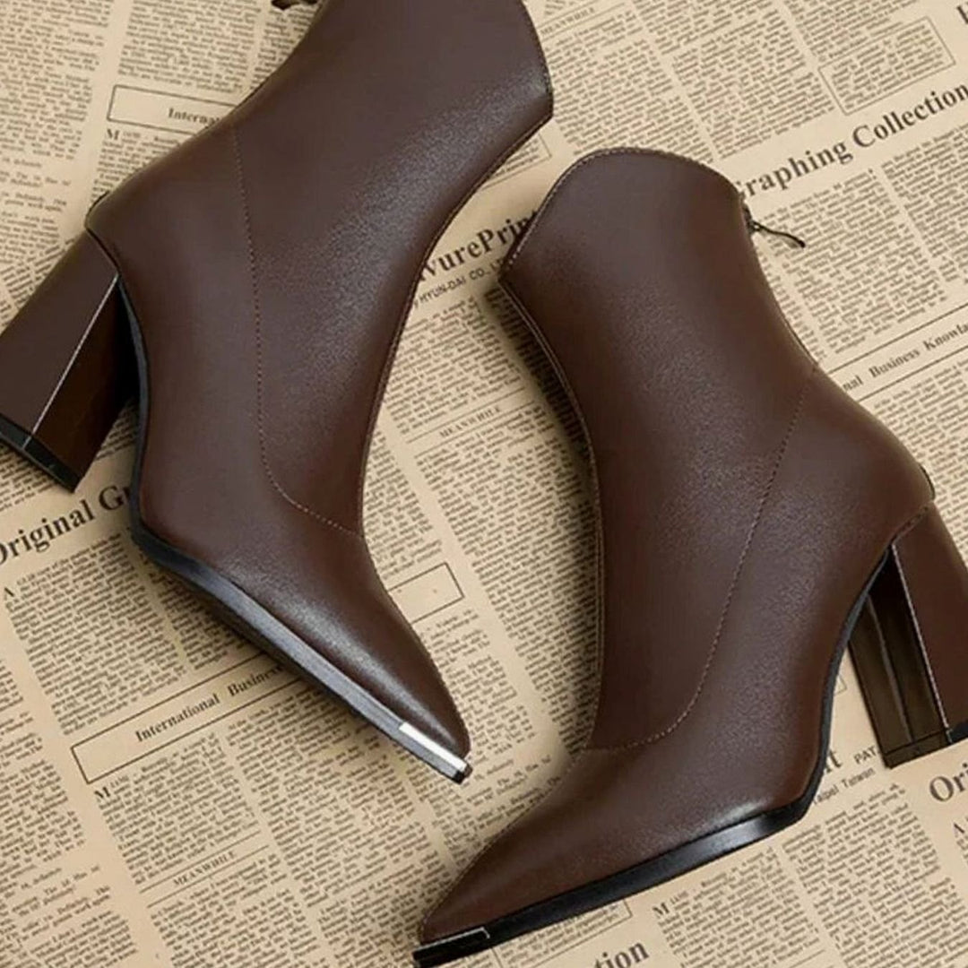 Women's Black Leather Block-Heel Chrome Tip Ankle Boots