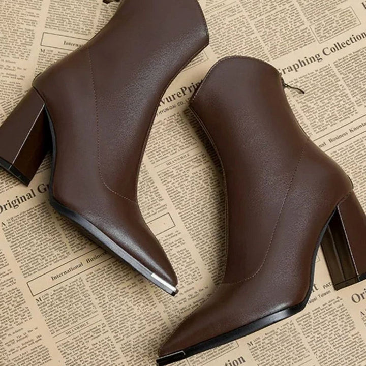 Women's Black Leather Block-Heel Chrome Tip Ankle Boots