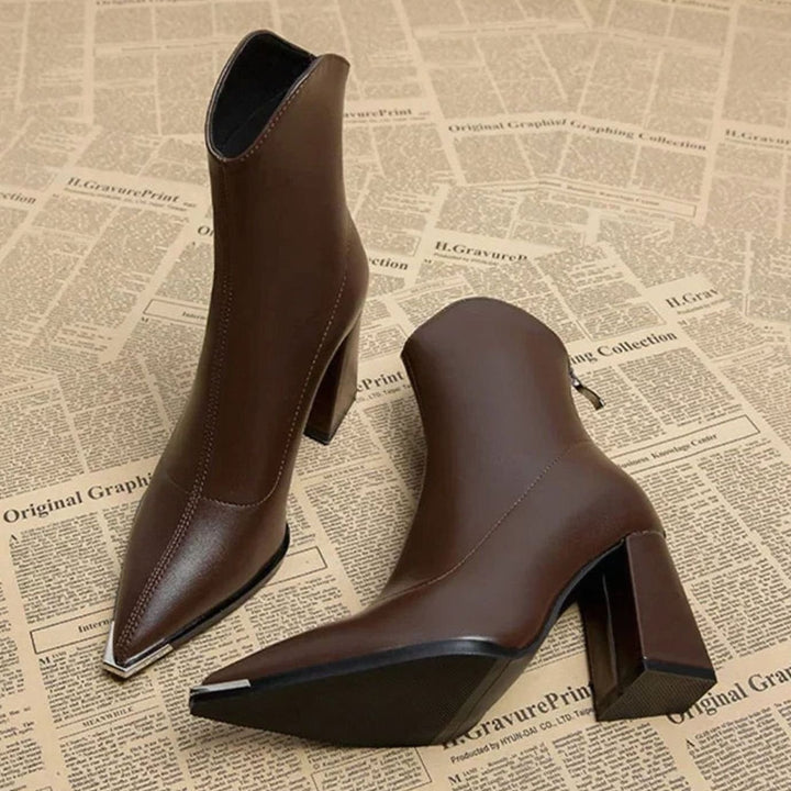 Women's Black Leather Block-Heel Chrome Tip Ankle Boots - Brown