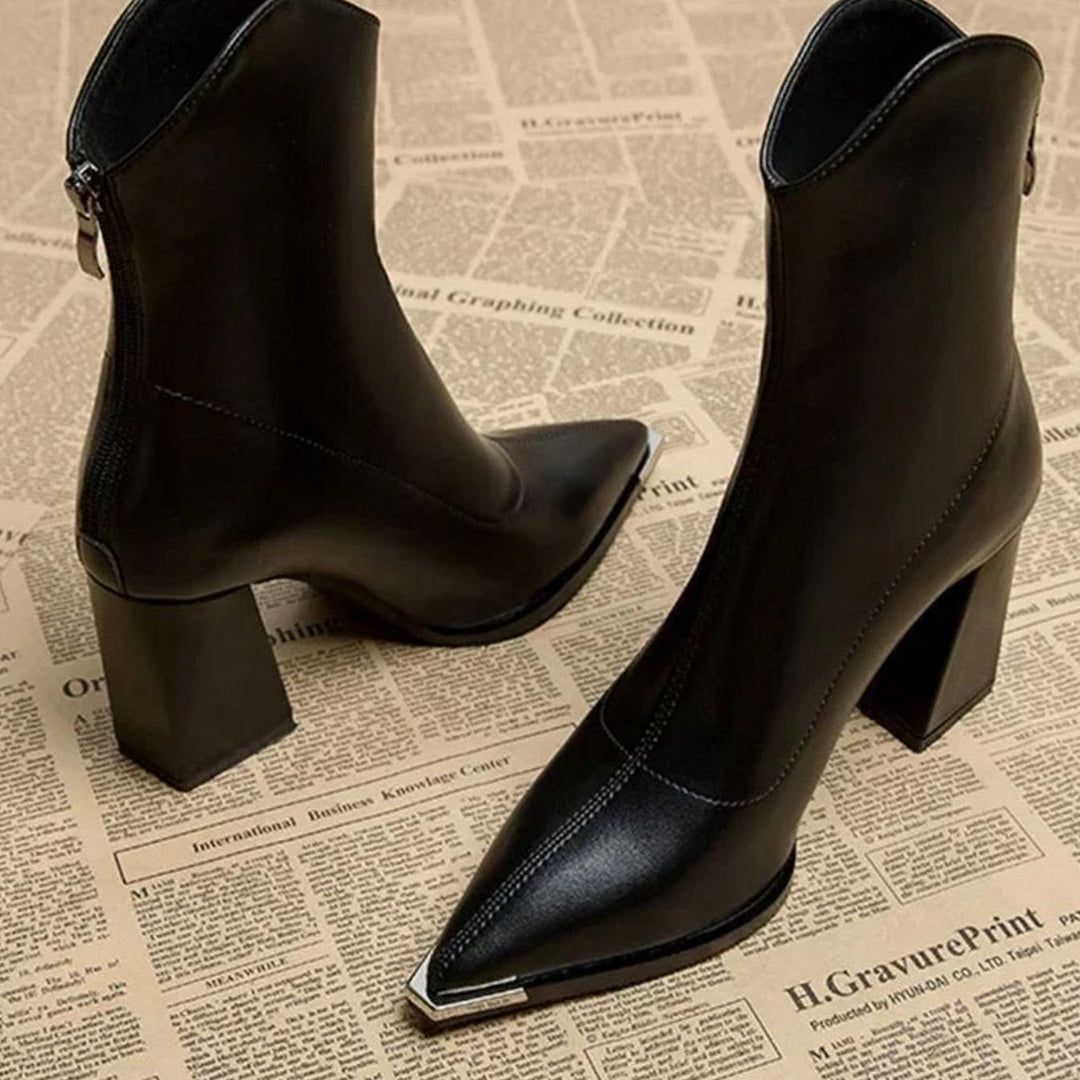 Women's Black Leather Block-Heel Chrome Tip Ankle Boots