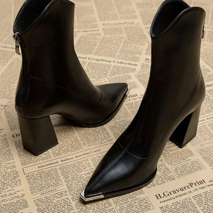 Women's Black Leather Block-Heel Chrome Tip Ankle Boots