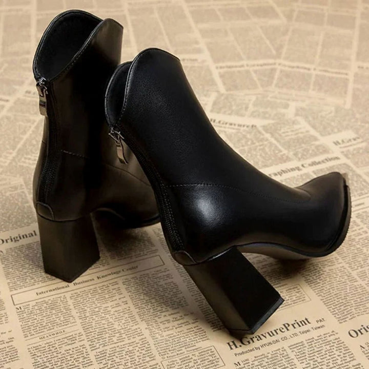 Women's Black Leather Block-Heel Chrome Tip Ankle Boots