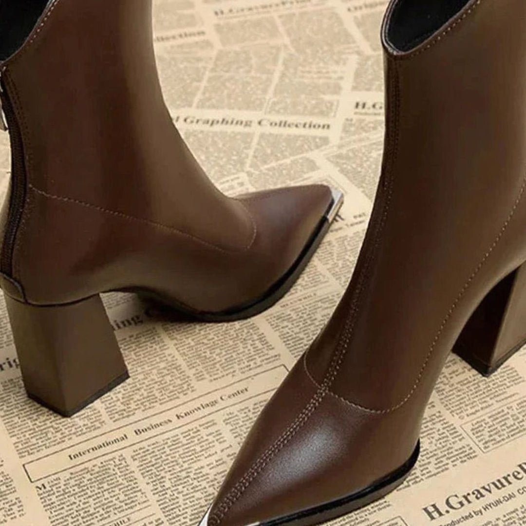 Women's Black Leather Block-Heel Chrome Tip Ankle Boots
