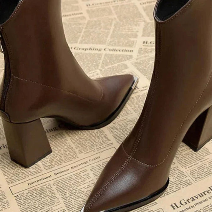 Women's Black Leather Block-Heel Chrome Tip Ankle Boots