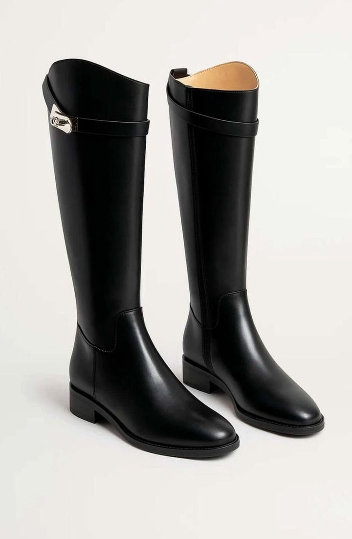Women's Black Leather Knee-High Riding Boots Buckle Detail - Black
