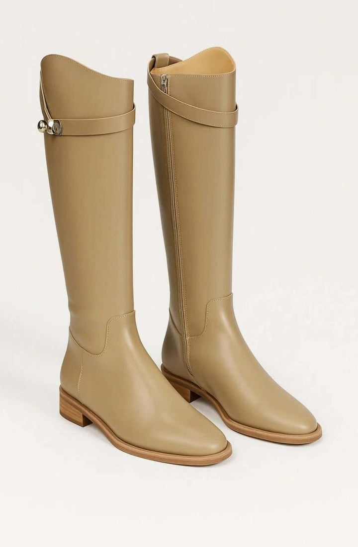 Women's Black Leather Knee-High Riding Boots Buckle Detail - Beige