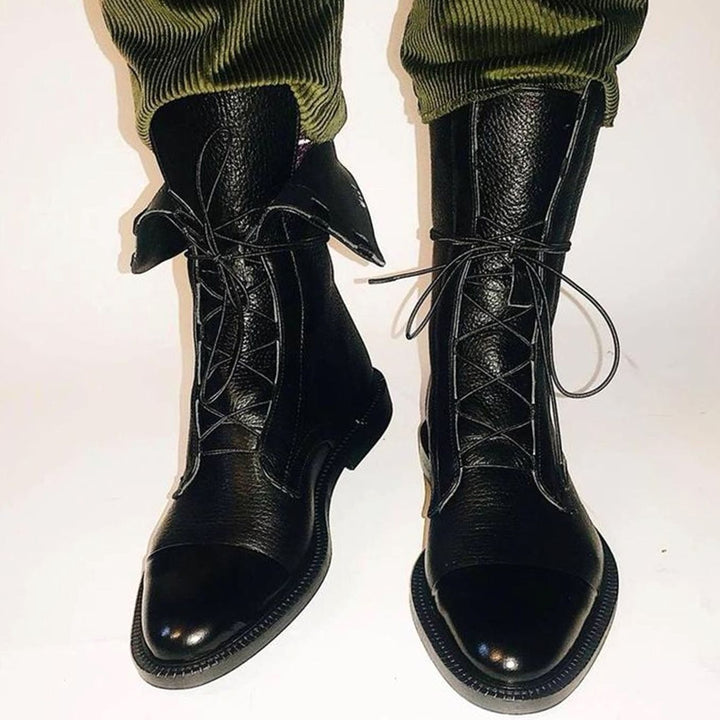Women's Black Leather Lace-Up Cap-Toe Ankle Boots