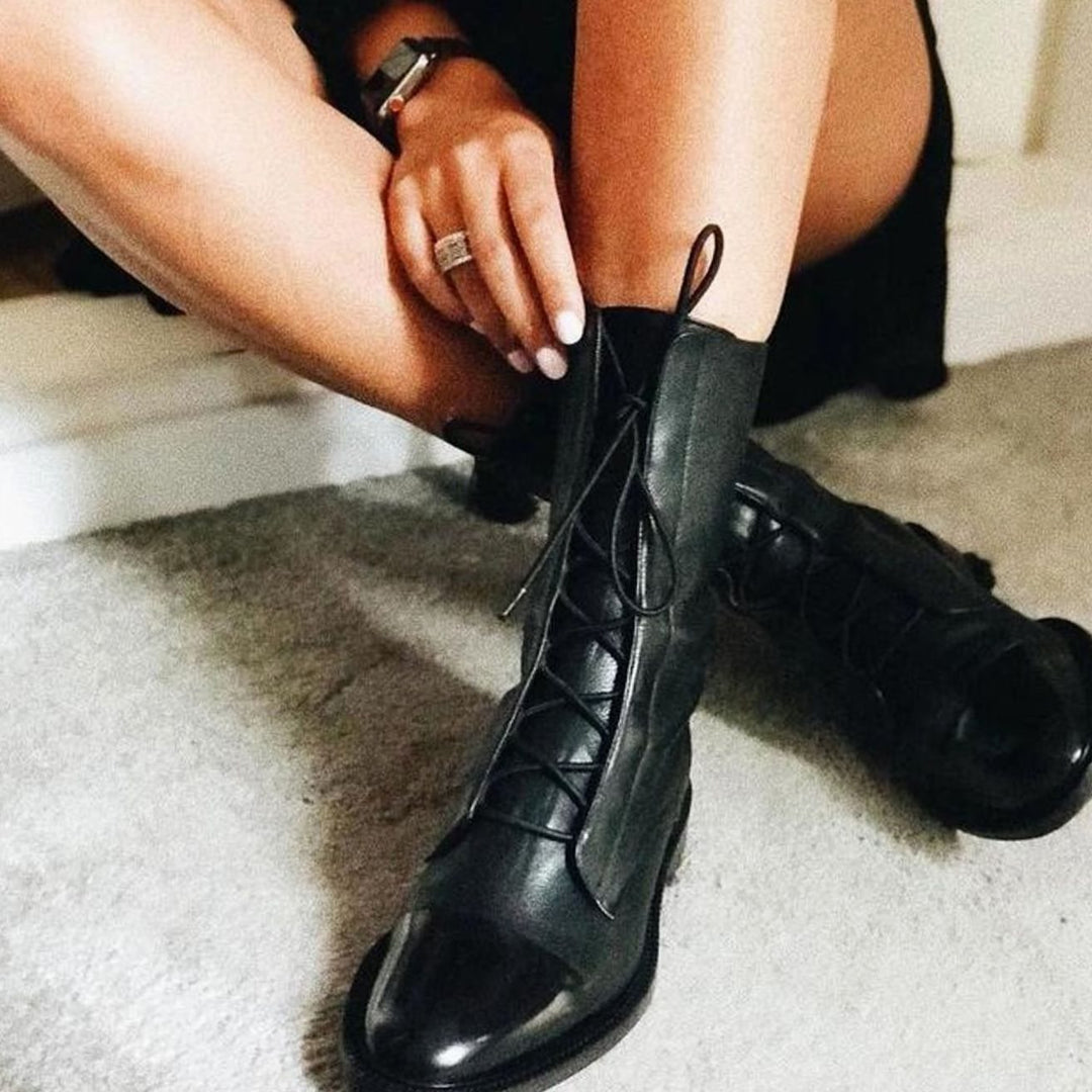 Women's Black Leather Lace-Up Cap-Toe Ankle Boots