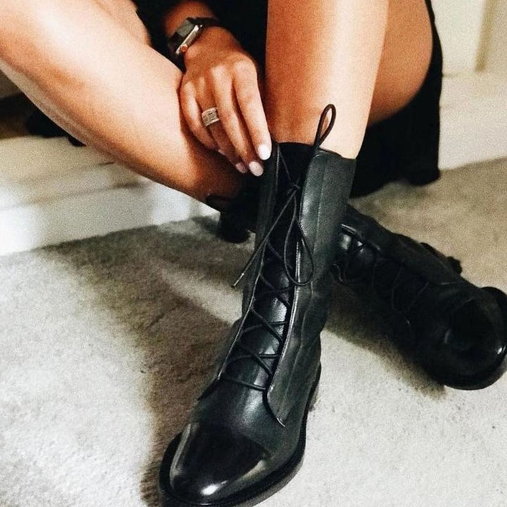 Women's Black Leather Lace-Up Cap-Toe Ankle Boots
