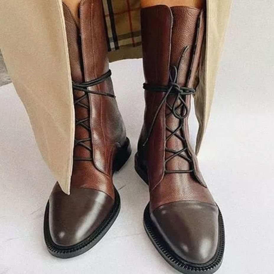 Women's Black Leather Lace-Up Cap-Toe Ankle Boots - Brown