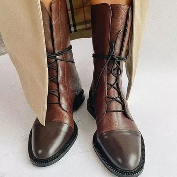 Women's Black Leather Lace-Up Cap-Toe Ankle Boots - Brown