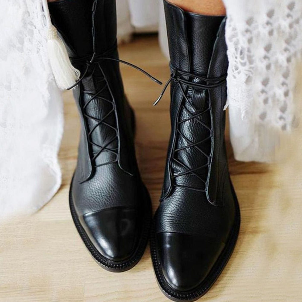 Women's Black Leather Lace-Up Cap-Toe Ankle Boots - Black
