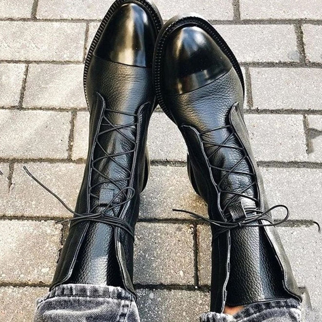 Women's Black Leather Lace-Up Cap-Toe Ankle Boots
