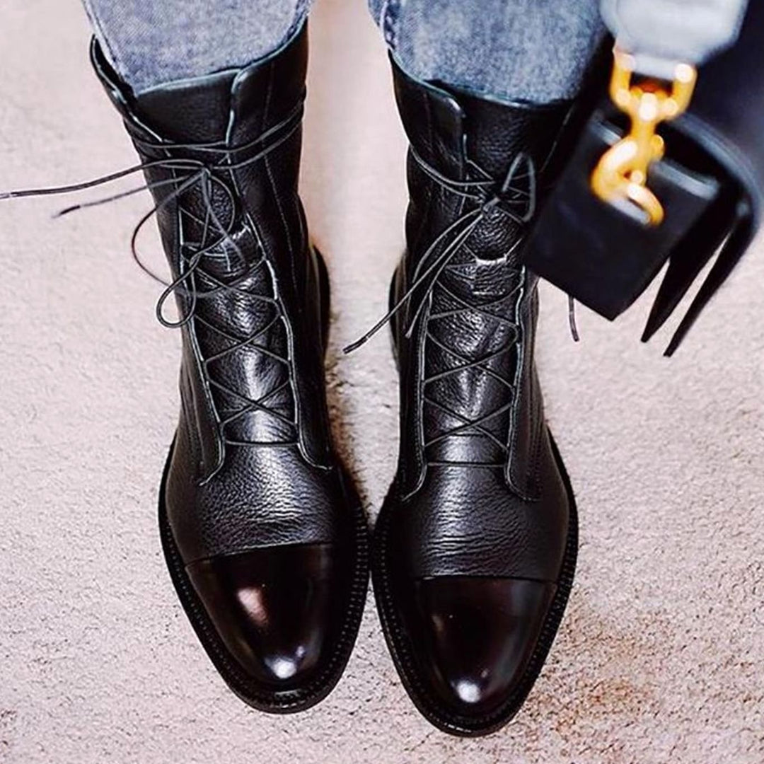 Women's Black Leather Lace-Up Cap-Toe Ankle Boots