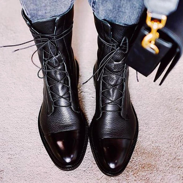 Women's Black Leather Lace-Up Cap-Toe Ankle Boots