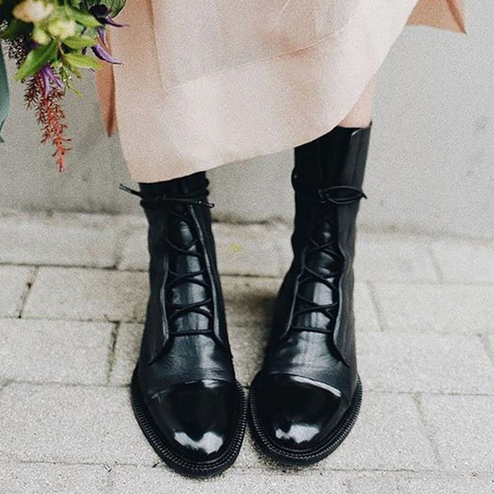 Women's Black Leather Lace-Up Cap-Toe Ankle Boots