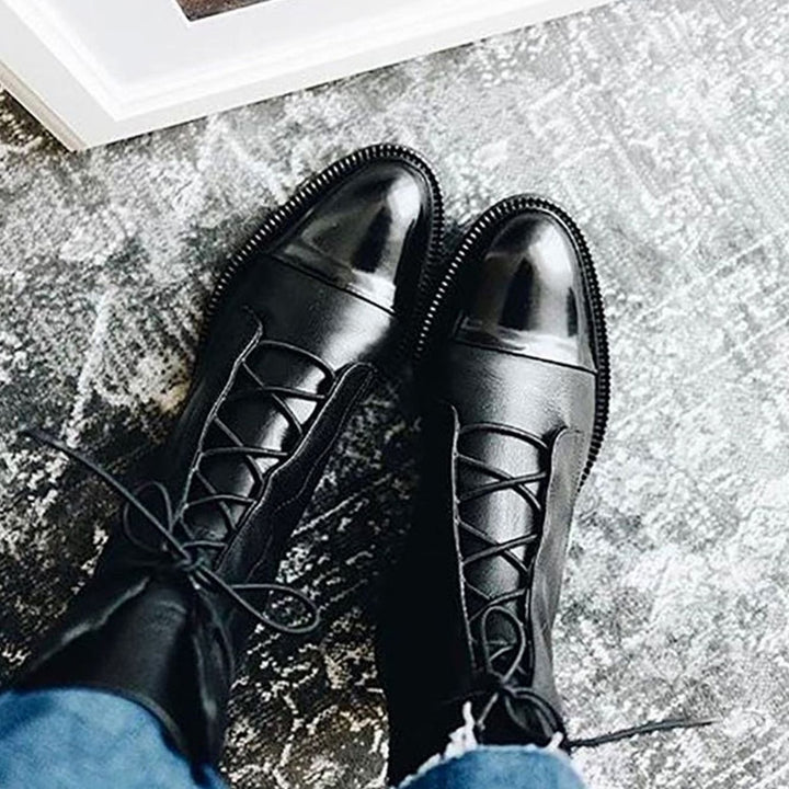 Women's Black Leather Lace-Up Cap-Toe Ankle Boots