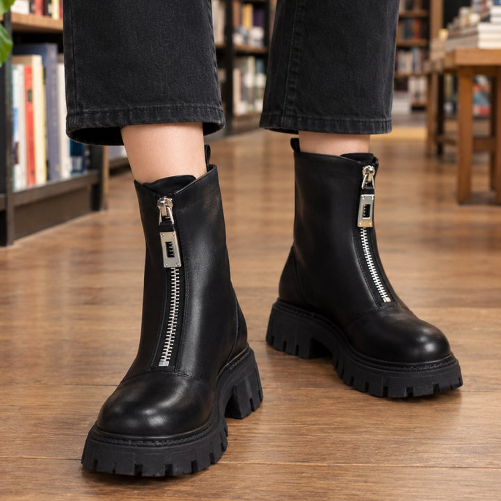 Women's Black Leather-Look Front-Zip Chunky Platform Ankle Boots - Black