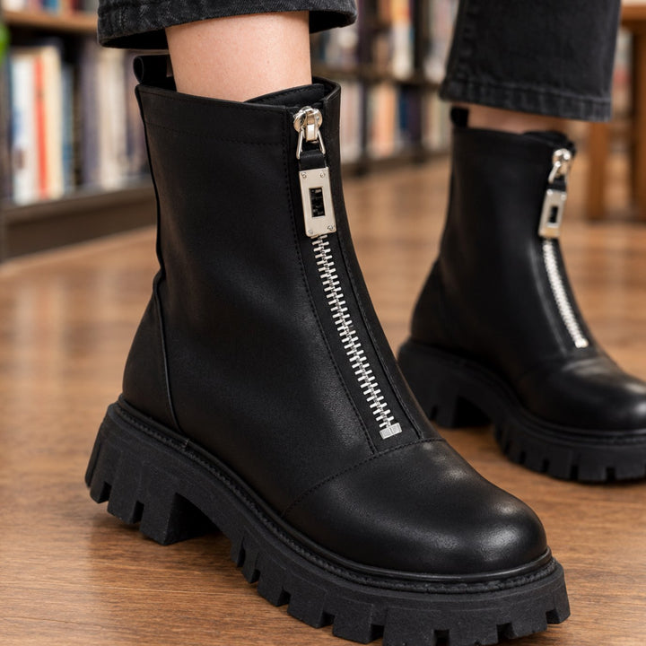 Women's Black Leather-Look Front-Zip Chunky Platform Ankle Boots
