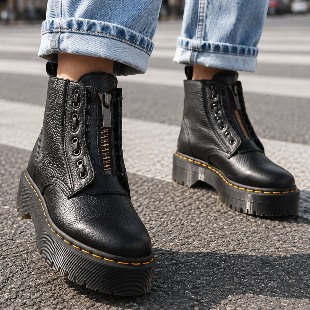 Women's Black Leather Platform Ankle Boots Front-Zip Chunky Sole - Black