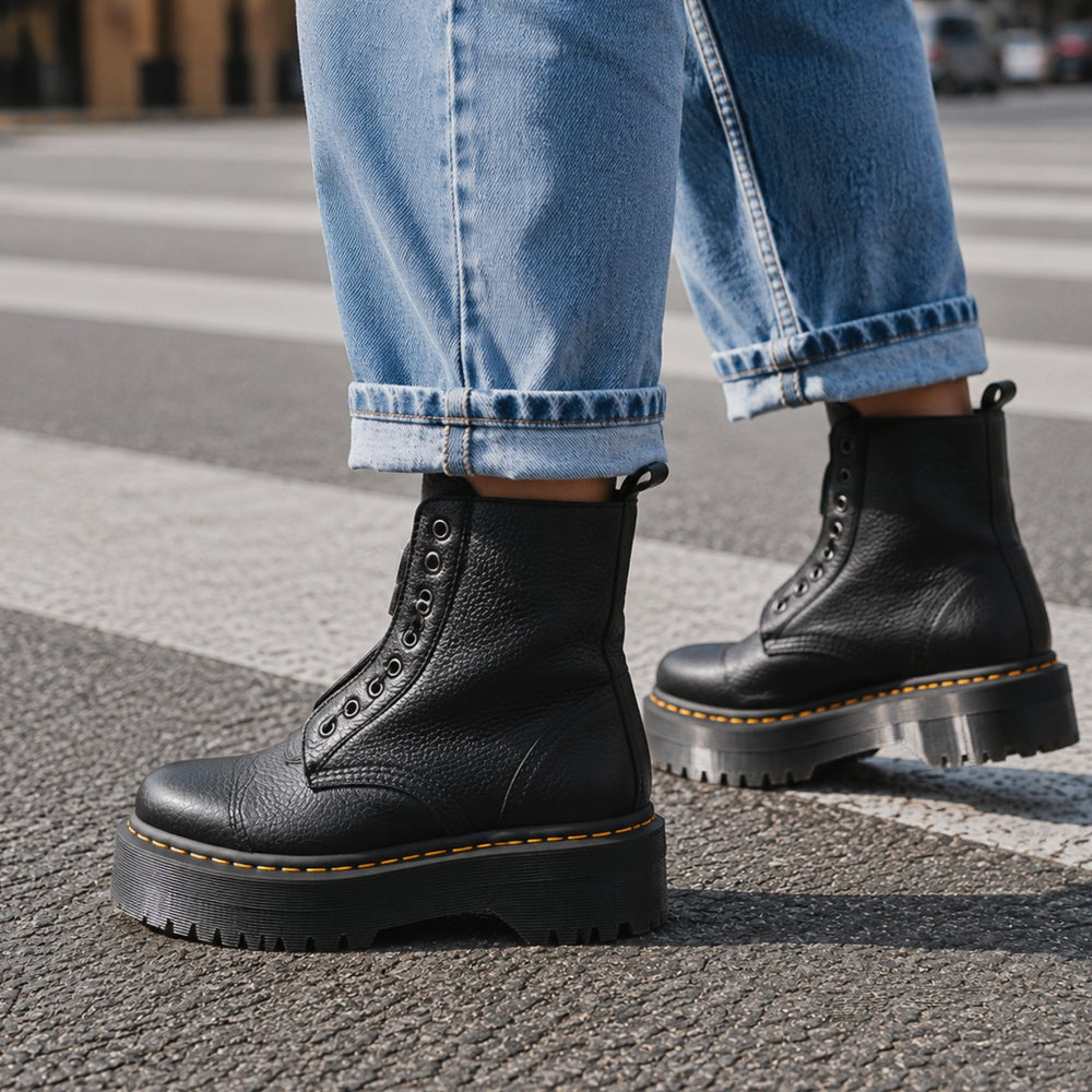 Women's Black Leather Platform Ankle Boots Front-Zip Chunky Sole