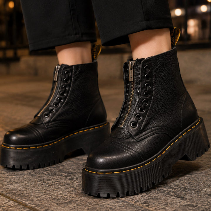 Women's Black Leather Platform Zip-Up Ankle Boots - Black
