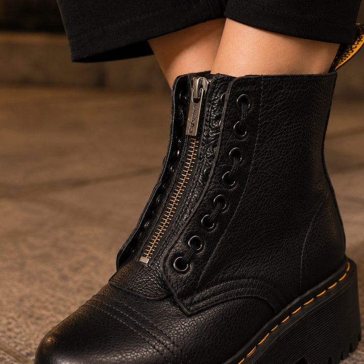 Women's Black Leather Platform Zip-Up Ankle Boots