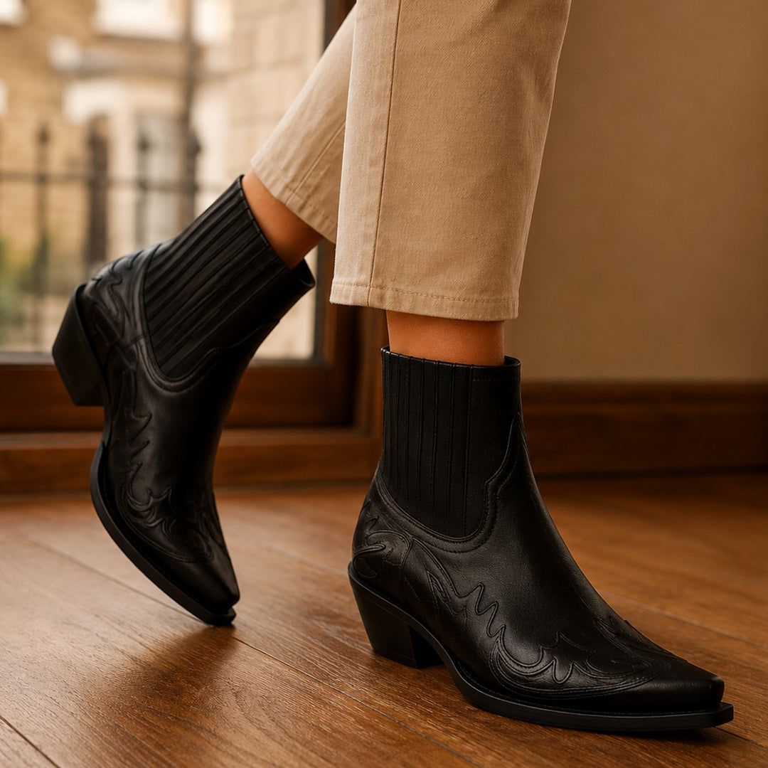 Women's Black Leather Western Ankle Cowboy Boots - Black