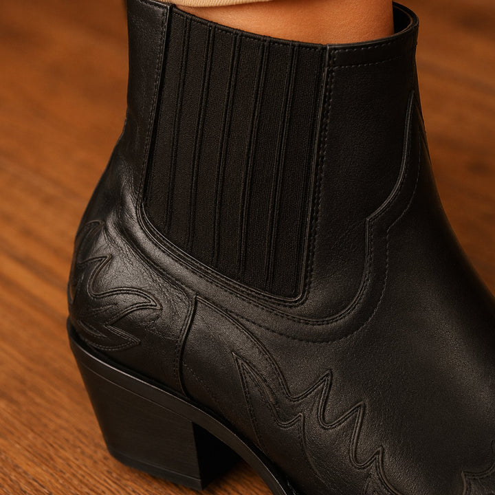 Women's Black Leather Western Ankle Cowboy Boots