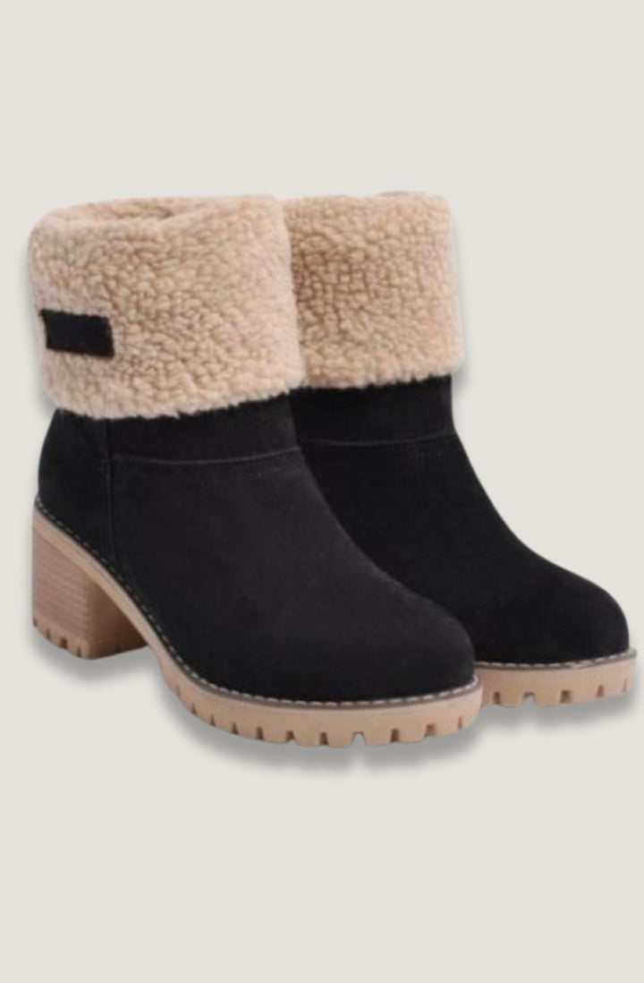 Women's Black Sherpa-Cuff Heeled Winter Ankle Boots