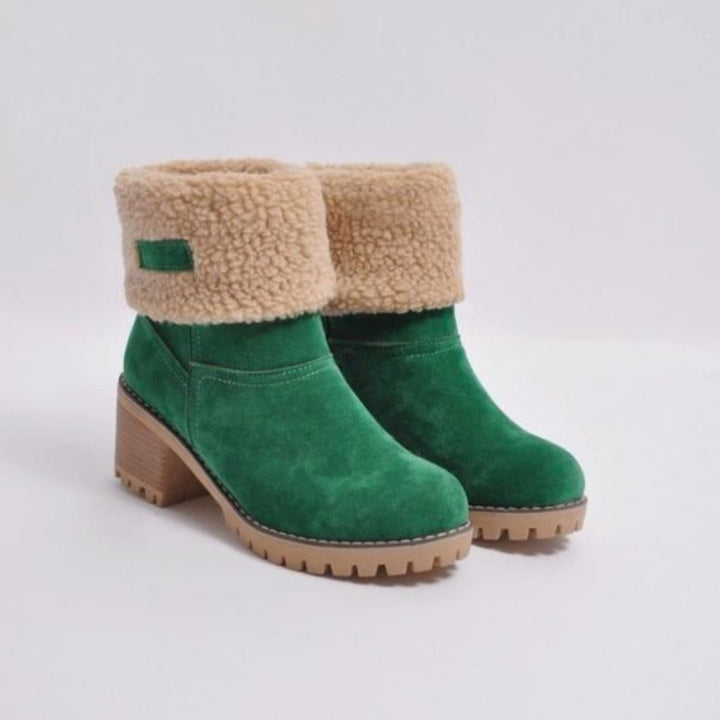 Women's Black Sherpa-Cuff Heeled Winter Ankle Boots - Green