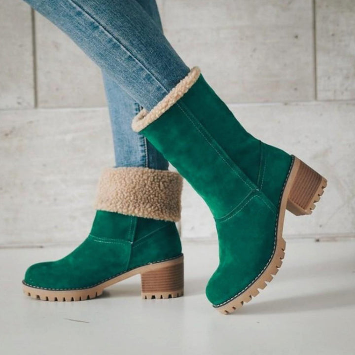 Women's Black Sherpa-Cuff Heeled Winter Ankle Boots